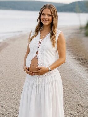Maternity White Eyelet Tie-Front Maxi Skirt Set